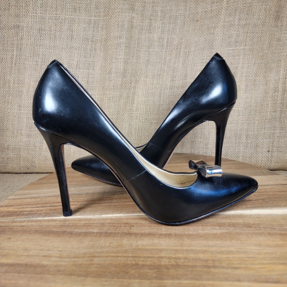 Coach Pointed Toe Leather Pumps Black Kitten Bow Stiletto Heels Women's Size 8B - Picture 7 of 9